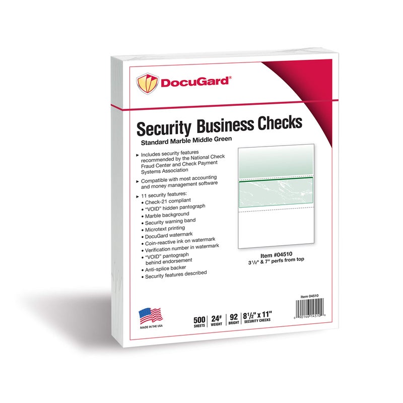 DocuGard Standard Green Marble Middle High Security Check Paper - QuickBooks & Laser/Inkjet Printer Compatible - 11 Security Features - 500 Blank Business Checks (04510) - Image 2